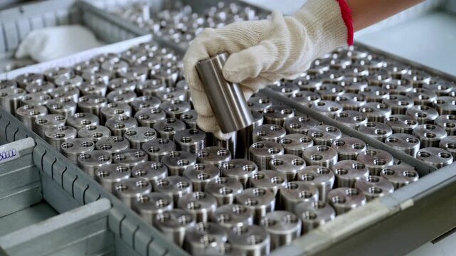 Macro close-up of a tray filled with precisely machined metal components, stacked and organized in rows for industrial manufacturing and quality control