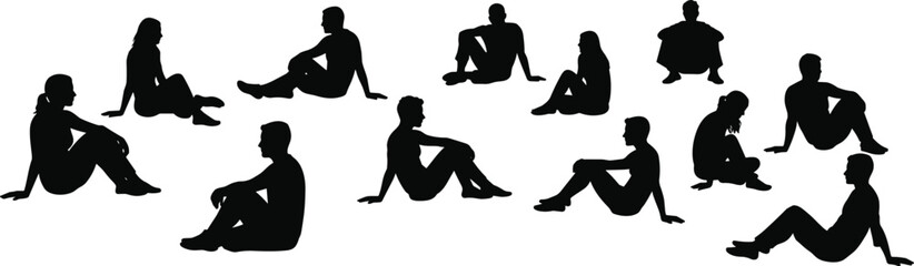 Silhouette of diverse group of people sitting on ground, various relaxed poses, social gathering, teamwork concept, isolated on white background