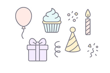 Fun birthday celebration elements featuring balloons, cupcakes, and party hats for a joyful occasion