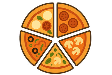 Varied pizza slices showcasing different toppings on a round pizza, perfect for sharing or enjoying alone