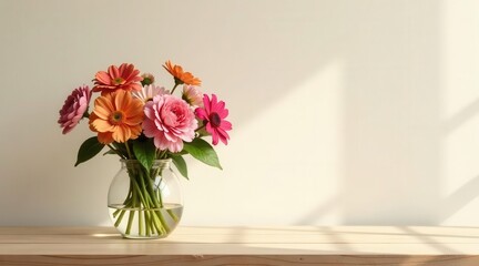 Vibrant Gerbera Daisies in a Clear Glass Vase on a Light Wooden Surface with Soft Sunlight Streaming Through a Window