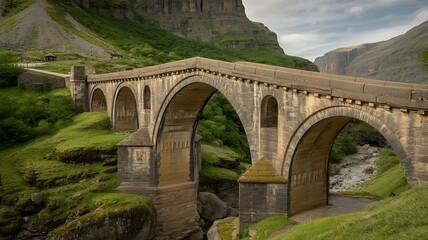 Ancient stone bridge arches covered in lush green moss amidst verdant mountain landscape
