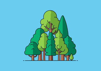 Minimalist Cartoon Forest Scene with Green Trees and Light Blue Sky