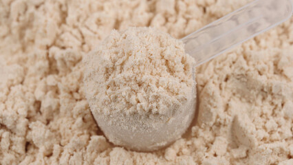Scoop filled with vanilla protein powder. Macro close-up of sports nutrition supplement for fitness, healthy diet and muscle recovery concept. White protein, whey powder. Bodybuilding gym lifestyle