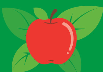 Fresh Red Apple with Green Leaves on a Green Background
