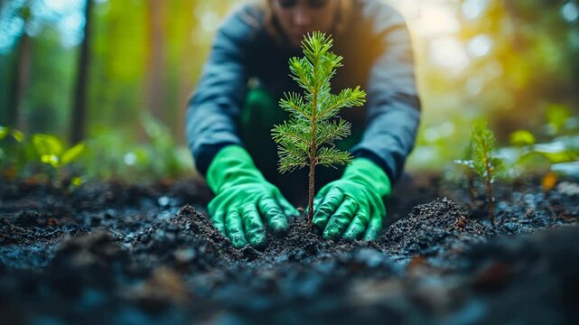 Hands planting young tree in forest soil. Close-up of gloved hands planting a small pine tree seedling into moist soil in the forest.