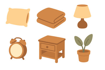 Collection of cozy bedroom essentials including furniture and decorative objects