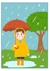 Illustration of a child holding umbrella in rainy weather. Perfect for kids’ weather and seasons worksheets.