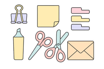 Collection of pastel office and school supplies with binder clip, sticky note, and scissors