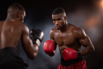 Two professional boxers engaged in a heated match, showcasing intense focus and athleticism, with dramatic lighting and a blurred background highlighting the action