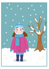 Child dressed in winter clothes standing in snowy weather. Cute illustration for kids’ weather and season learning.