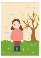 Cute illustration of a child experiencing a windy autumn day with bare trees. Educational weather and season concept for kids.
