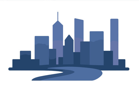 Abstract urban landscape featuring a contemporary city skyline and flowing river