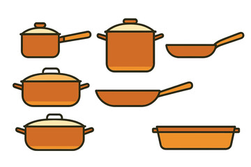 Collection of kitchen cooking utensils including pots, pans, and baking dish