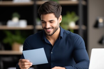 Asian male professional reviewing documents with a smile, seated at a desk in a modern office, surrounded by greenery and a warm, inviting atmosphere