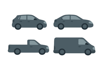 Contemporary automobiles: sedan, hatchback, pickup truck, and delivery van
