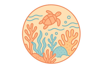 Graceful sea turtle swimming above a vibrant coral reef with diverse marine flora in a circular frame