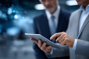 Businessman presenting a digital tablet to a colleague in a modern office environment, showcasing innovative technology and collaboration in a professional setting