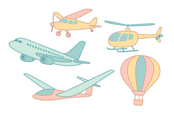 Assortment of air travel vehicles with propeller plane, jet, glider, helicopter, and balloon