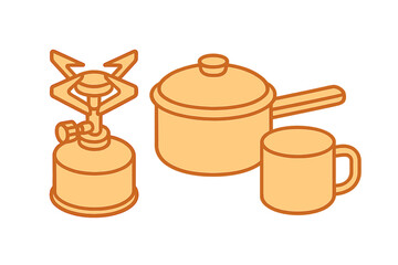 Essential camping cooking equipment including a portable stove, pot, and mug for outdoor travel
