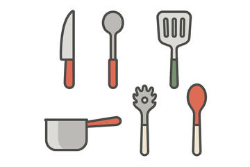 Assorted kitchen utensils including knife, spoon, and spatula arranged on a flat surface