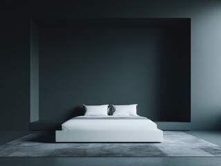 Minimalist bedroom; bed, pillows, and blankets; with gray rug on floor. Dark ambiance