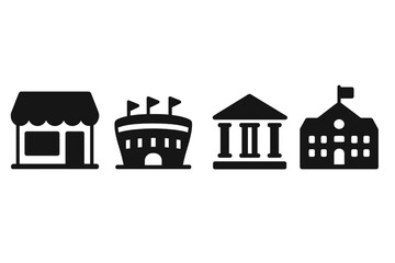 Naklejka premium Collection of essential building icons including shop, stadium, bank, and school