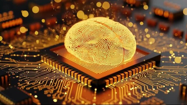 Abstract glowing brain circuit board with intricate pathways, representing artificial intelligence and neural networks on a microchip - Powered by Adobe