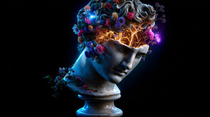 Creative Mind Unveiled: Artistic Bust With Electric Thoughts and Blooming Flowers