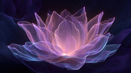 Delicate, ethereal flower with translucent petals glows in soft pastels, against a dark, flowing background