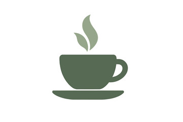Modern icon of a warm beverage cup on a saucer with stylized leaf steam design