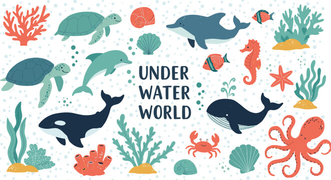 Art & IllustrationUnderwater world illustration with marine animals, sea creatures, ocean life, colorful corals, cute cartoon whales, fish, turtles, and