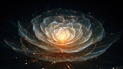 A luminous, layered flower-like structure radiating golden light from a central core, floating in darkness