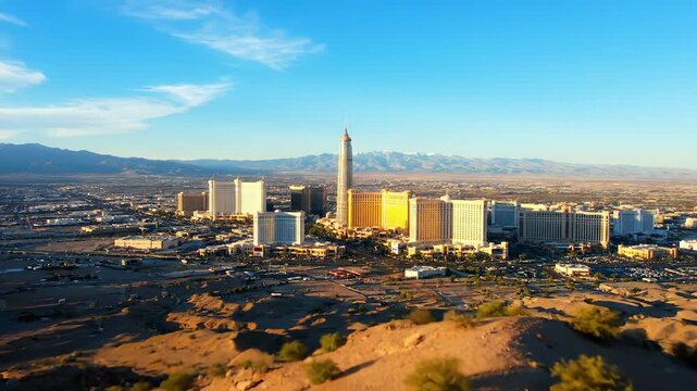 The skyline of Las Vegas features skyscrapers and casinos under a clear sky. The Las Vegas strip's skyscrapers and casinos create an iconic view against the mountains.