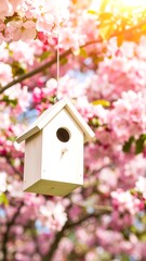 White birdhouse on a branch amid pinkish blossoms