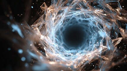 Abstract, swirling vortex with luminous blue and gold energy, centered on a dark void