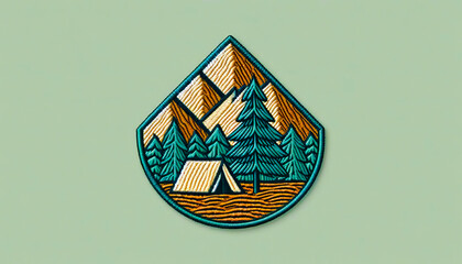  Embroidered patch design, camping adventure theme, mountains and tent, folk art style