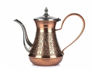 Ornate copper teapot w/silver spout, lid on white background