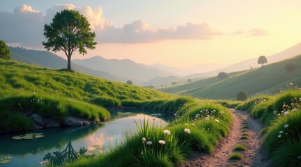 Serene Landscape Featuring a Pond, Rolling Hills, and a Solitary Tree at Sunset