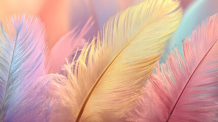 Fototapeta premium captures soft, colorful feathers in a blurred, dreamy composition, featuring pastel shades of pink, yellow, and blue with subtle light and shadow details.
