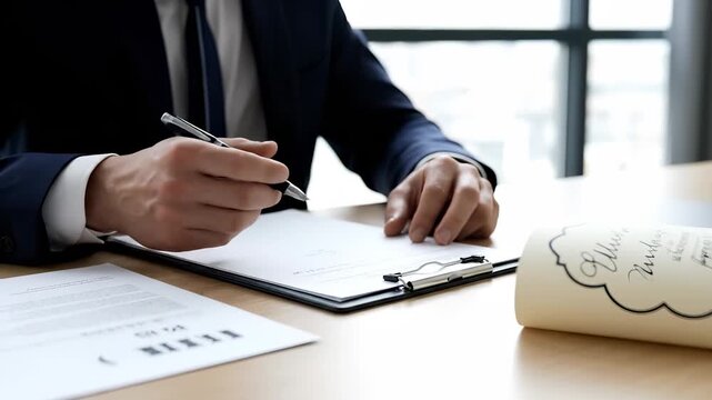 A businessman in a suit reviews documents with a pen in hand, as businessman and documents indicate work. The professional setting shows the businessman engaging with paperwork.