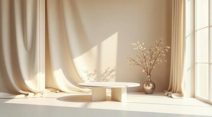 Serene Minimalist Interior with Oval Table and Draped Fabric, Bathed in Soft Sunlight