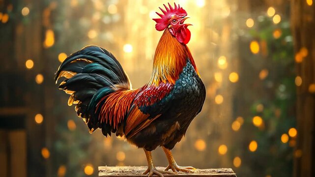 Majestic rooster crowing at dawn. A vibrant rooster standing tall and crowing in glowing morning light.