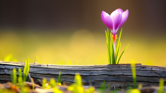 Vibrant purple crocus flower blooming alone, pushing through a weathered wooden log in warm evening light, symbolizing strength, hope, and the arrival of spring or new life