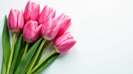 Obraz premium A Delicate Bouquet of Pink Tulips on a White Background, Perfect for Springtime Celebrations and Romantic Occasions