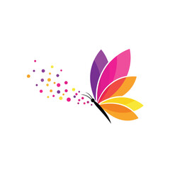 Vector art of colorful butterfly logo with vibrant wings and a trail of dots, ideal for a creative and natureinspired brand generative ai