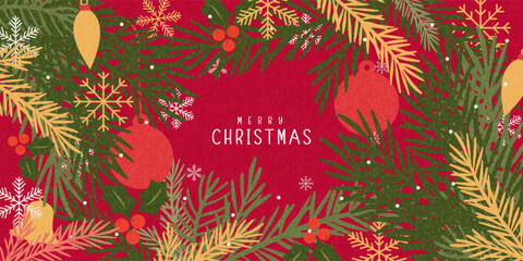 Naklejka premium Merry Christmas and Happy New Year cards, posters, holiday covers. Set of greeting Xmas banner templates with hand drawn trees, holly berries, fir branches, plants, snowflakes pattern, snow, ball