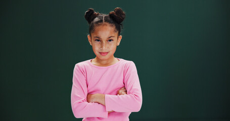 Portrait, girl and child with arms crossed in studio, assertive and confident pose on mockup space....