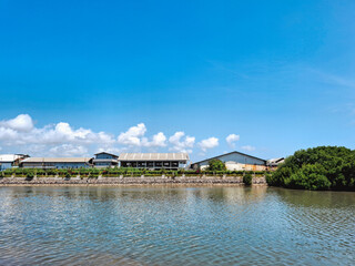 Obraz premium Industrial warehouses and factories on a calm waterfront, bordered by lush mangrove trees. A sunny landscape of commerce and coastal development