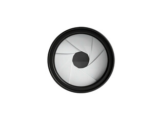 Circular black and white lens aperture isolated on a vast, solid black background